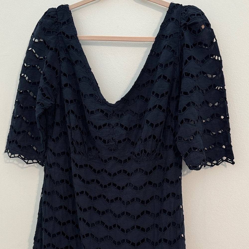 Gretchen Scott Navy Blue Cotton Eyelet Maxi Dress with Sleeves - Size Large - Picture 2 of 9
